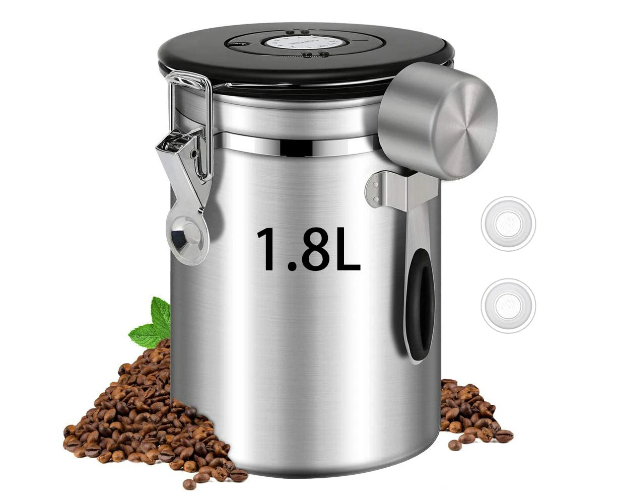 1.8L Airtight Coffee Canister Stainless Steel Coffee Jar with Measuring Scoop, Date Tracker and 2 CO2 Release Valve Coffee Container for Beans Tea