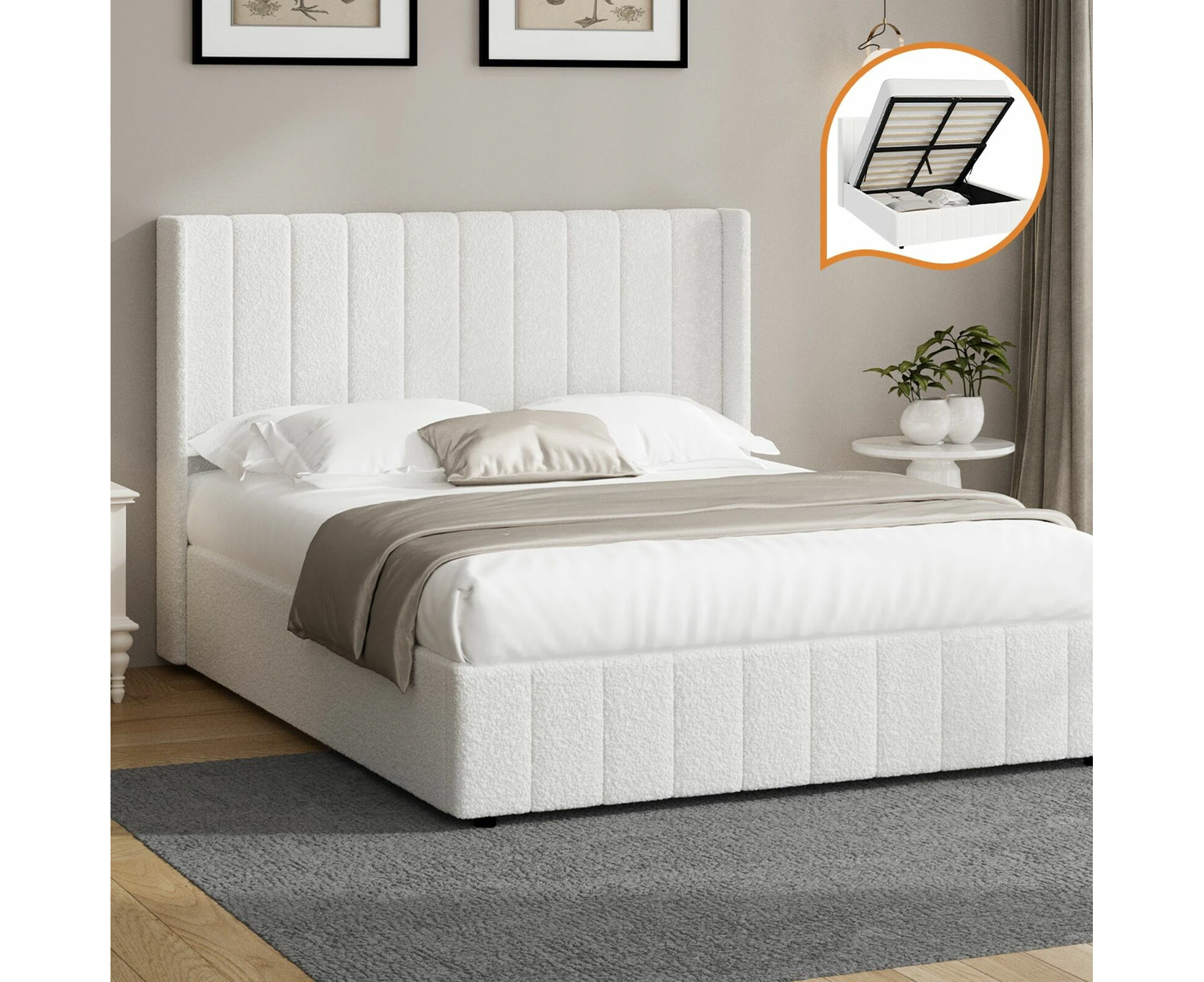 Oikiture Bed Frame Queen Size Gas Lift Base with Storage Boucle Fabric White