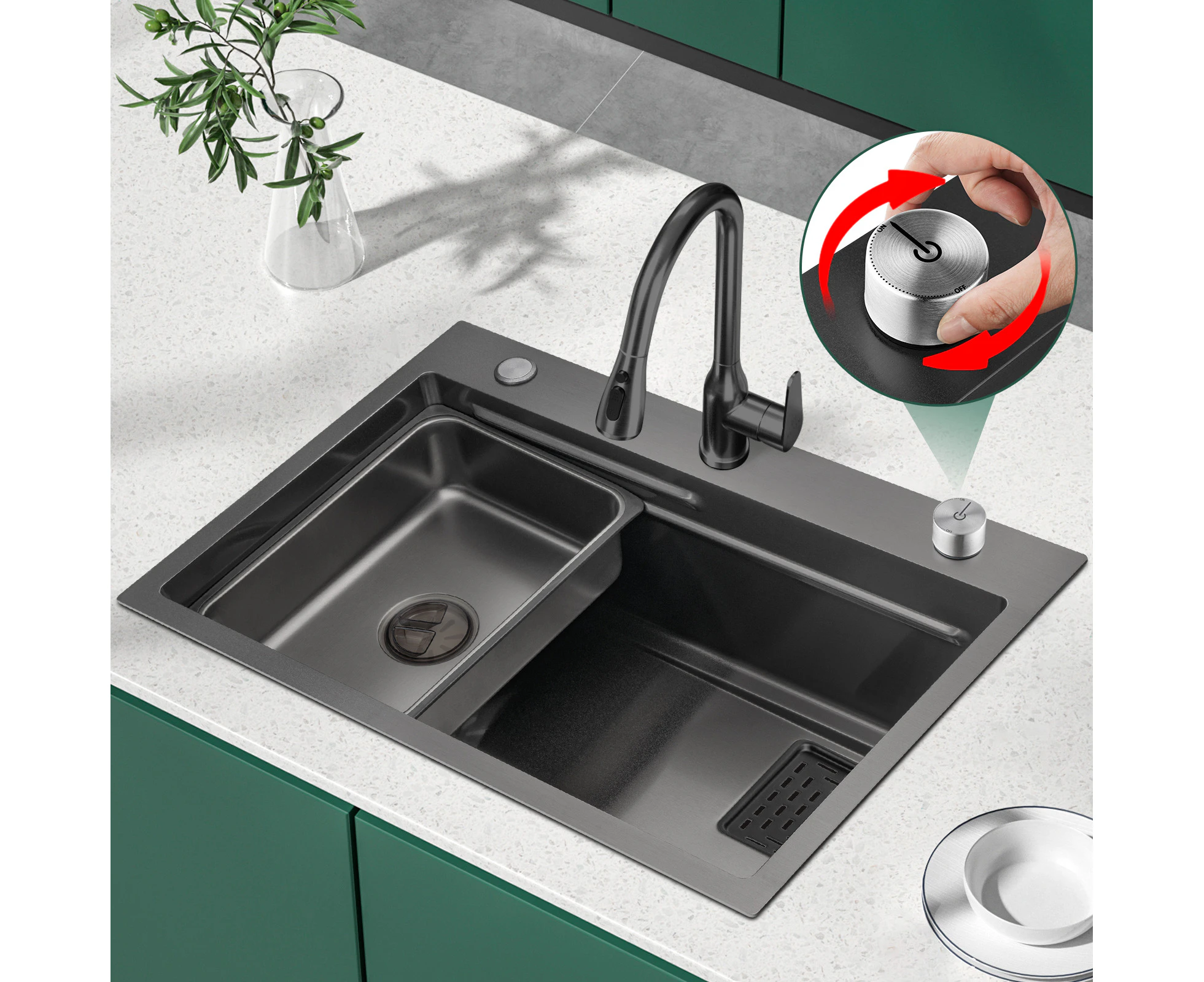 Drainage system  Stainless Steel Kitchen Sink Nano Black 680x450mm Handmade Laundry sink Single Bowl Bar Sink Colander, Strainer wastes