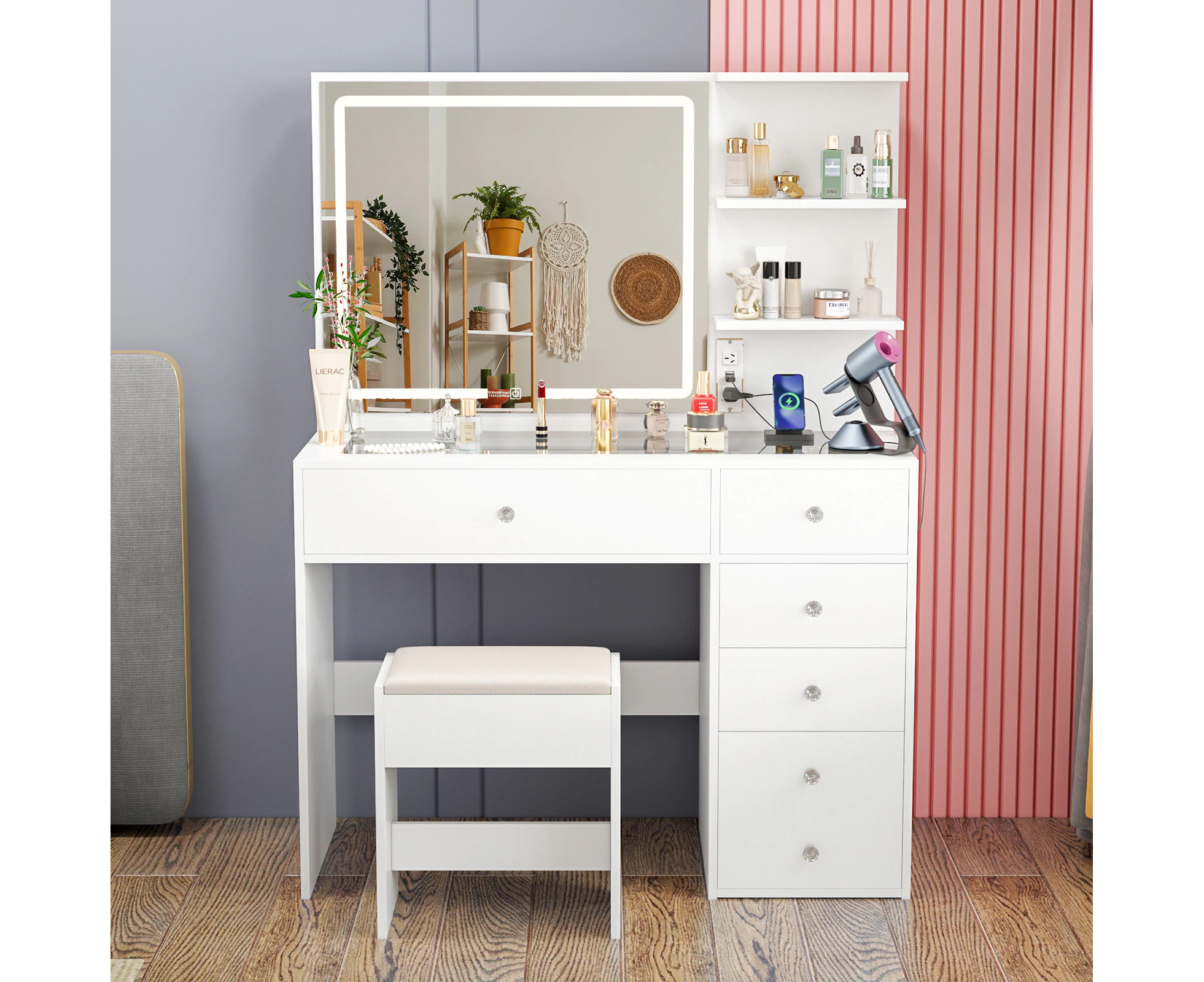 Advwin Dressing Table with Charging Station, Vanity Desk with HD Lighted Mirror Storage Drawers Cabinet Make up Table White