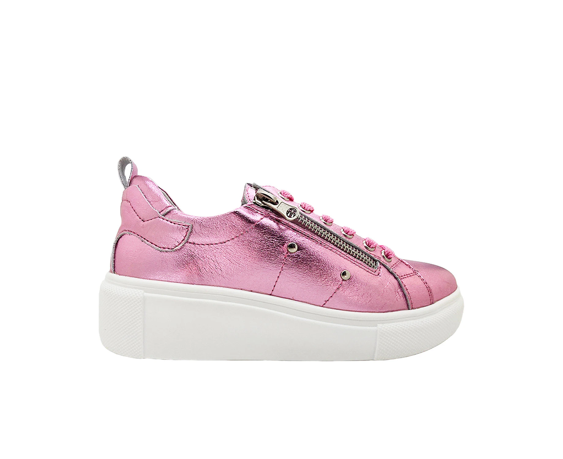 JoJo Ellie 2839 Ladies Shoes Leather Metallic Casual Trainer Platform Sole Zip Lace Up Light - Pink