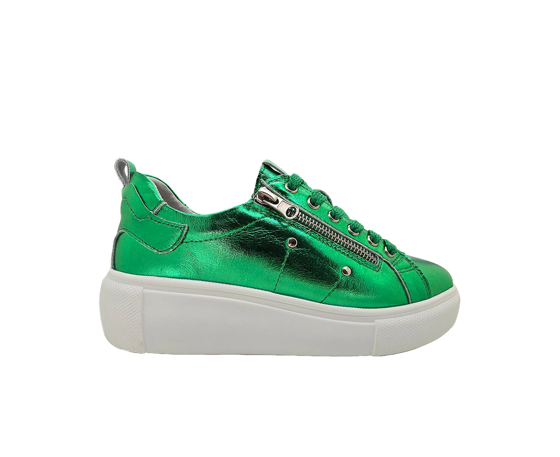 JoJo Ellie 2839 Ladies Shoes Leather Metallic Casual Trainer Platform Sole Zip Lace Up Light - Emerald