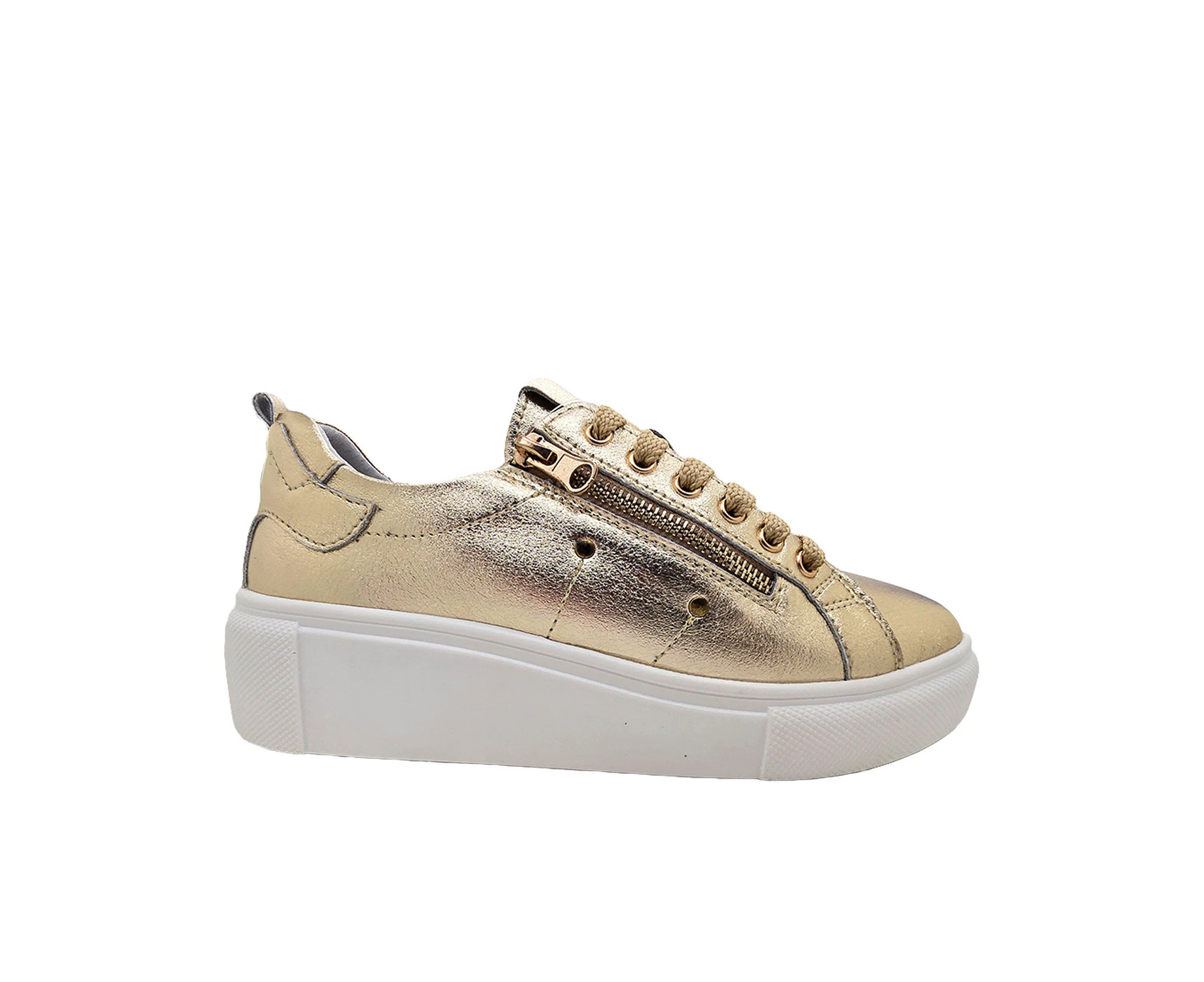 JoJo Ellie 2839 Ladies Shoes Leather Metallic Casual Trainer Platform Sole Zip Lace Up Light - Gold