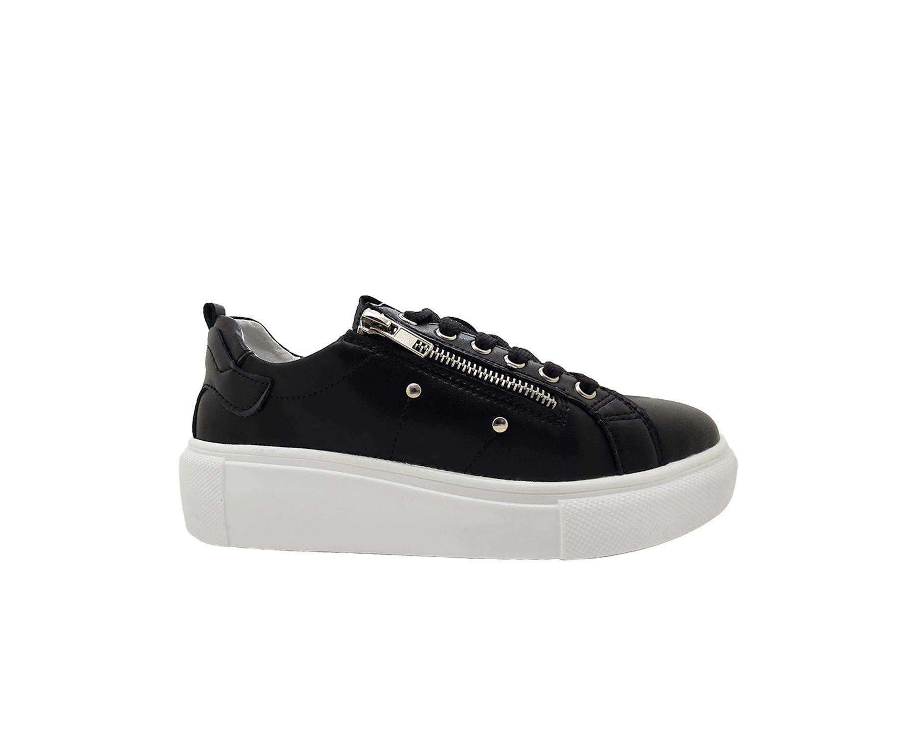 JoJo Ellie 2839 Ladies Shoes Leather Casual Trainer Platform Sole Zip Lace Up Lightweight - Black