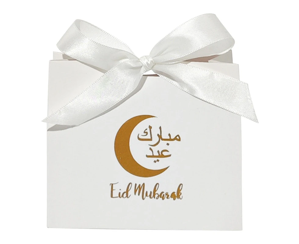 10pcs Eid Mubarak Candy Box with Ribbon Multipurpose Storage Box Supplies for ChocolateTreat Kid Present-Color-White