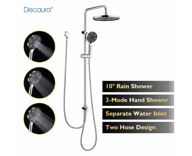 Decaura Chrome 10" Rain Shower Head Set Sliding Rail Hose with 3-Mode handheld