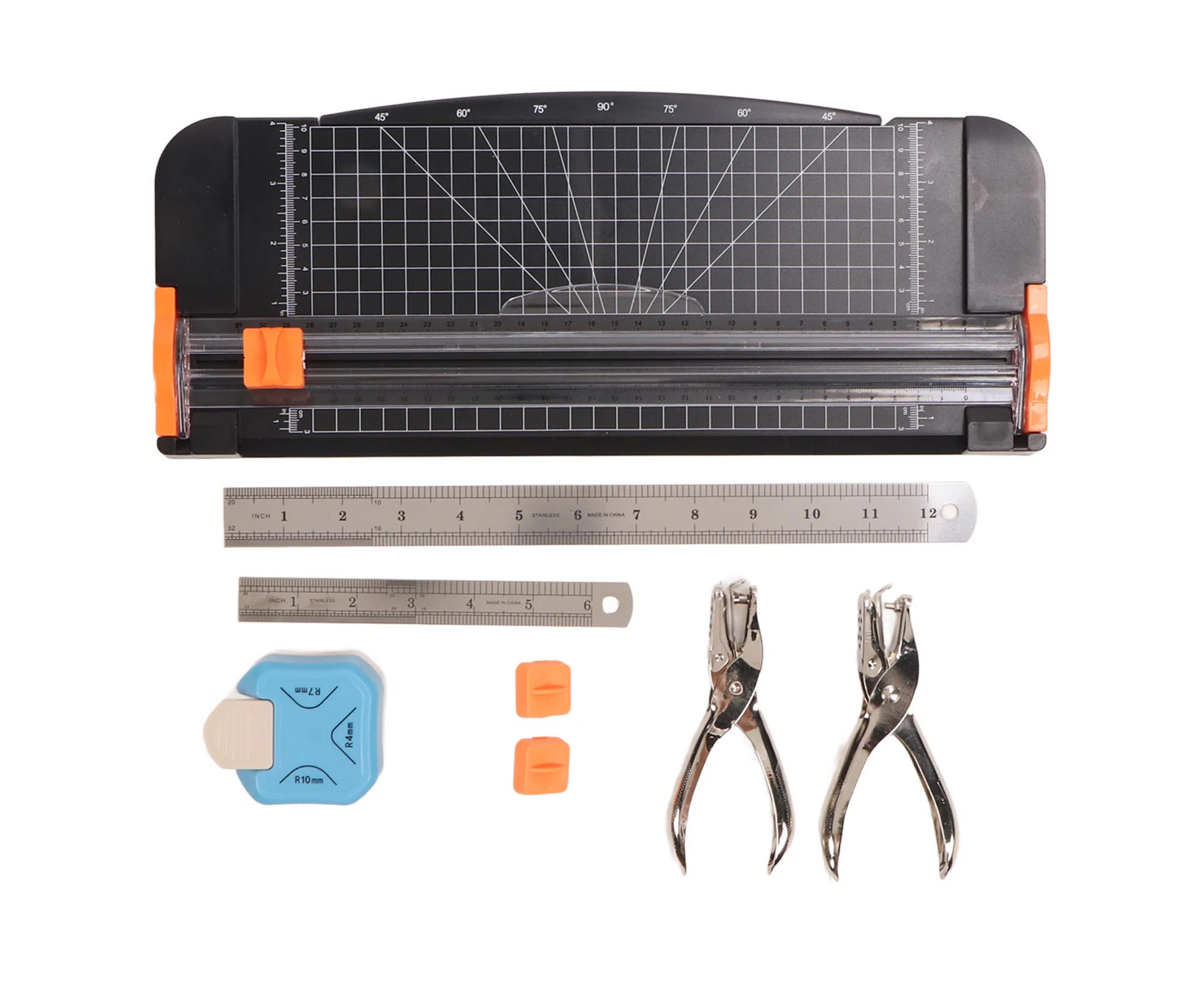 Paper Cutter Office Supplies Set with Replacement Blade 3 in 1 Corner Rounder Puncher Corner Cutter Steel Rulers 6in 12in Hole Puncher