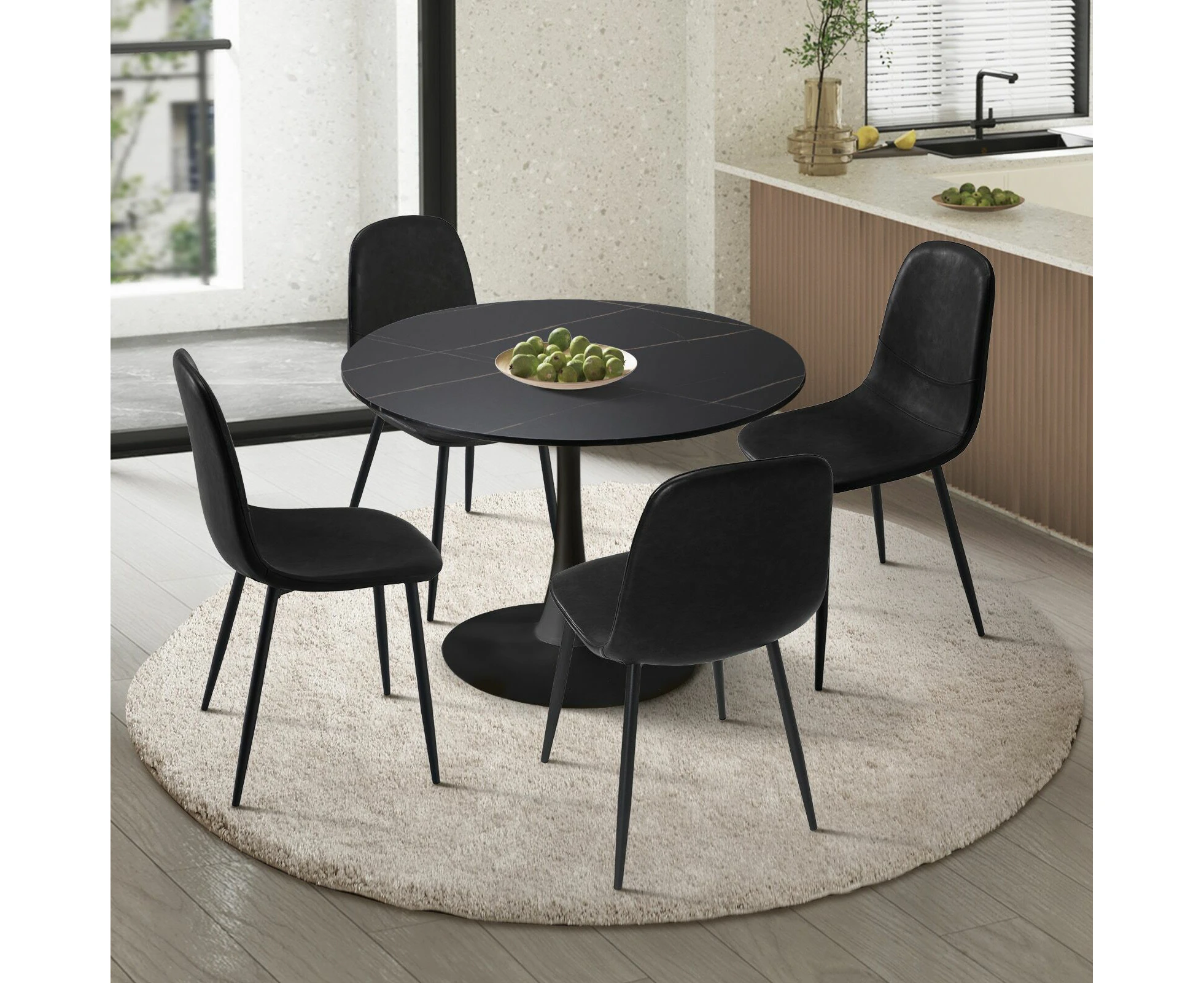 Oikiture 90cm Round Dining Table with 4x Dining Chairs PU Leather Black