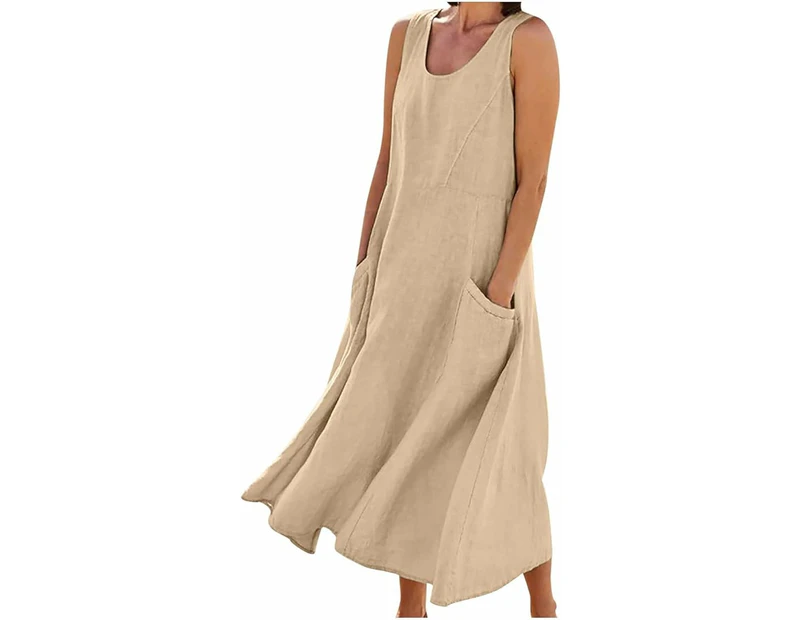 ASKSA Women's Summer Casual Tank Dress Sleeveless Cotton Linen Long Maxi Dress with Pockets - Khaki