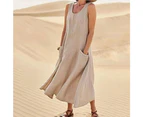 ASKSA Women's Summer Casual Tank Dress Sleeveless Cotton Linen Long Maxi Dress with Pockets - Khaki