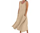 ASKSA Women's Summer Casual Tank Dress Sleeveless Cotton Linen Long Maxi Dress with Pockets - Khaki