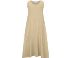 ASKSA Women's Summer Casual Tank Dress Sleeveless Cotton Linen Long Maxi Dress with Pockets - Khaki