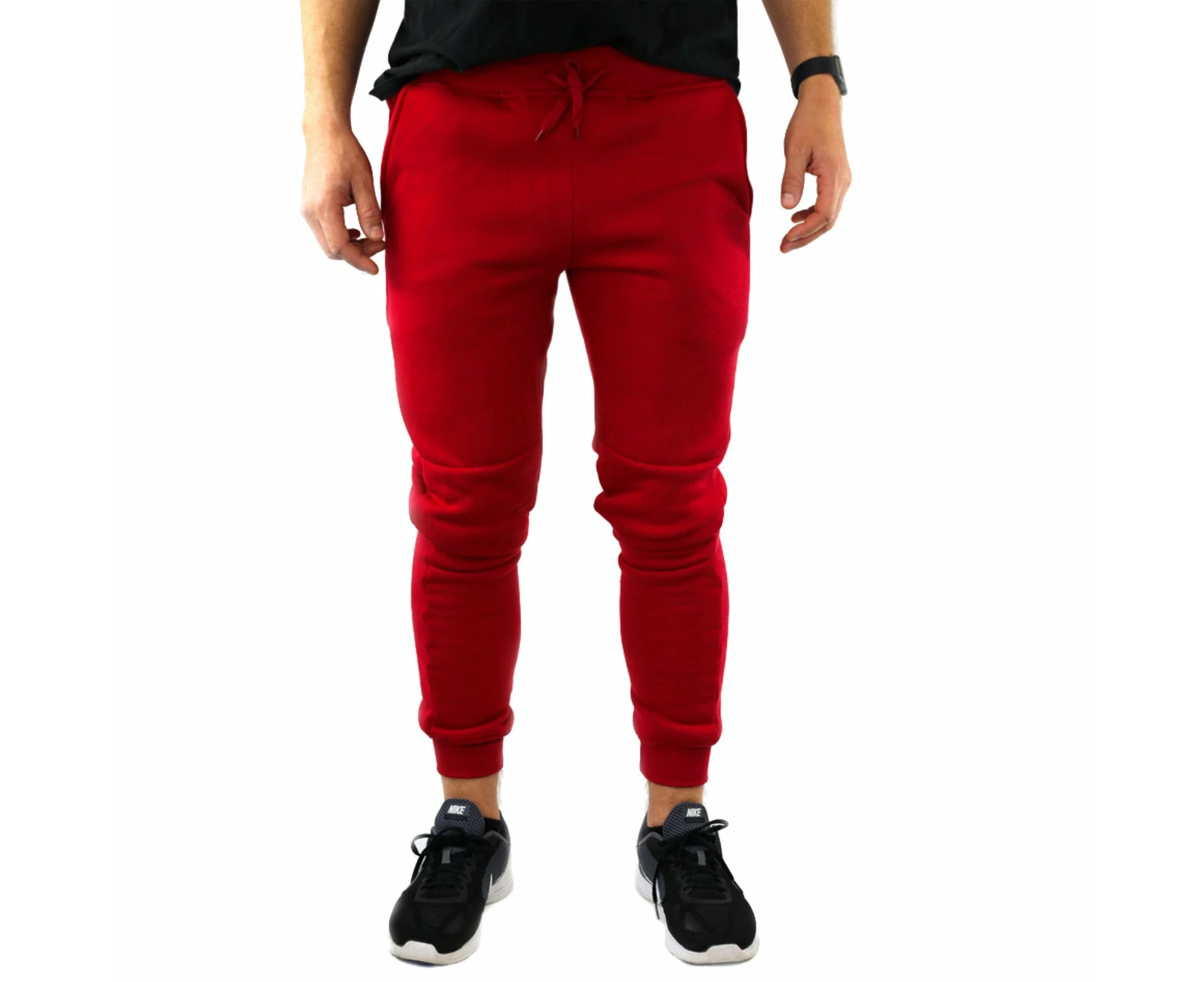 Mens Skinny Track Pants Joggers Trousers Gym Casual Sweat Cuffed Slim Trackies Fleece - Red - 3XL