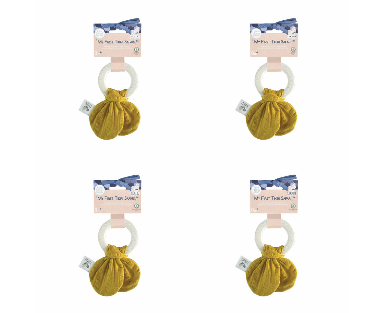 4x Tikiri Natural Rubber Teether w/ a Mustard Muslin Tie 97010 Baby/Infant 0m+