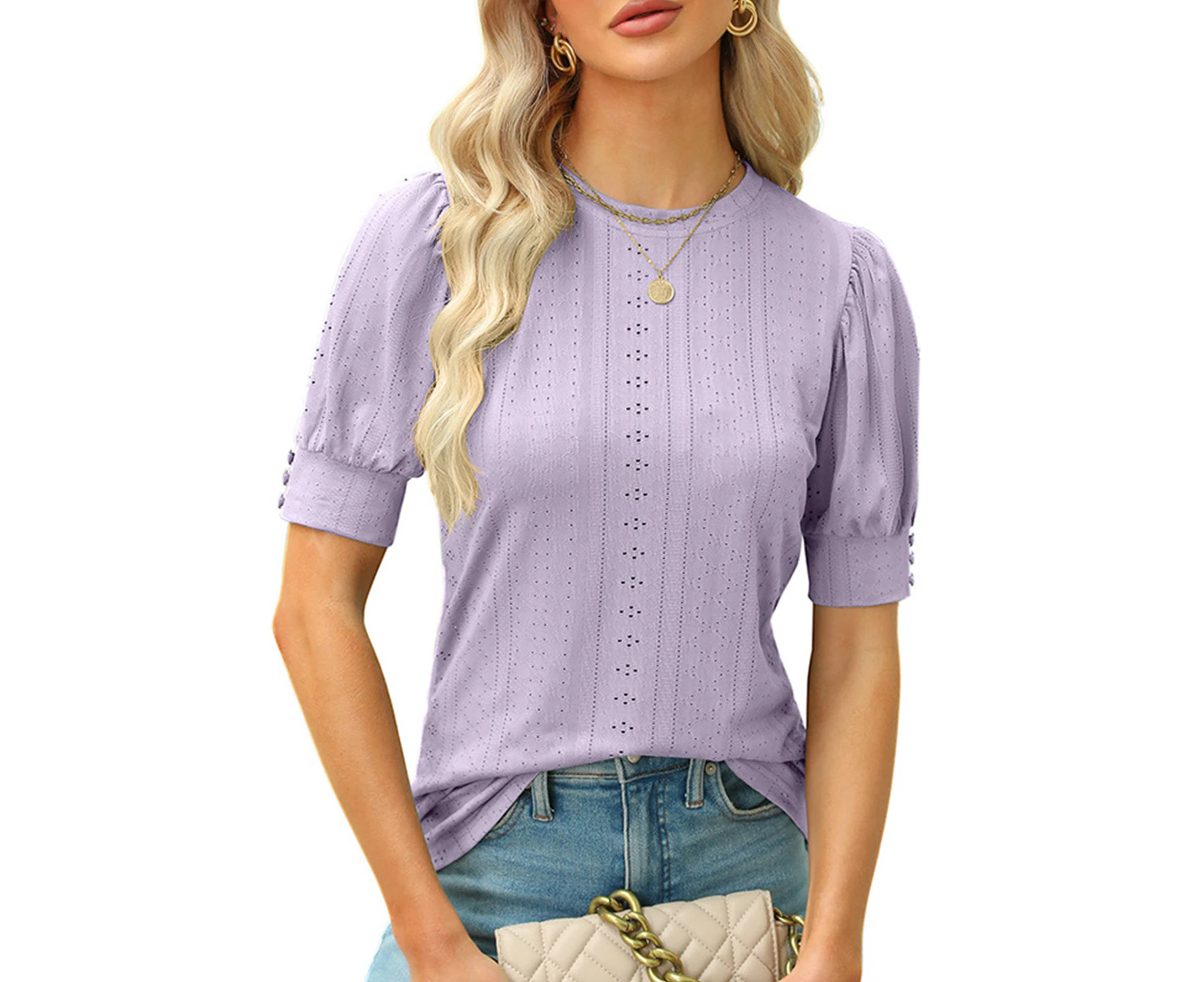 Women Pure Color T Shirt Crew Neck Comfortable Casual Hollow Round Neck Short Sleeve Sweatshirt Purple Xxl