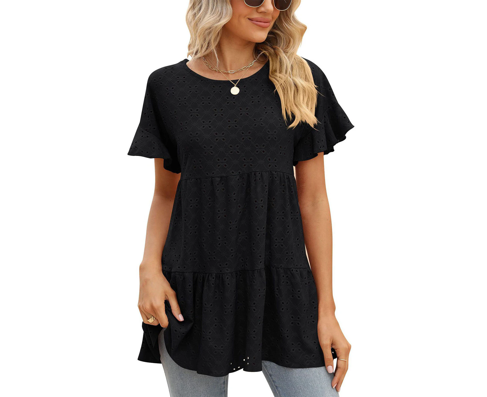 Women T Shirt Crew Neck Short Ruffle Sleeve Hollow Out Pure Color Loose Fitting Elegant Summer Pullover Top Black M