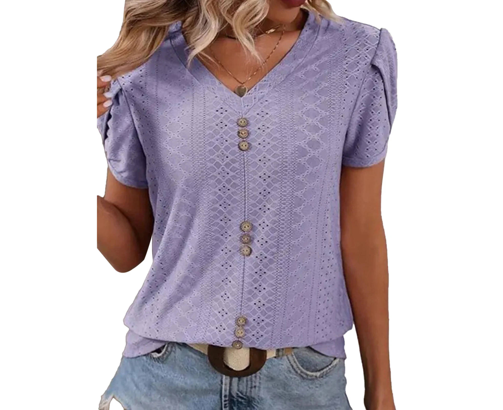 Women V Neck T Shirt Short Petal Sleeves Front Button Trim Hollow Out Casual Loose Blouses Lavender Purple Xl