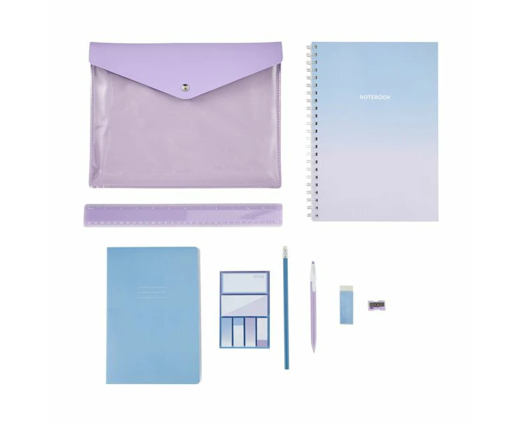 9 Pack Notebook and Stationery Set, Lilac, Blue and White - Anko