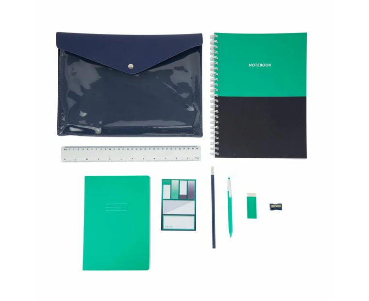 9 Pack Notebook and Stationery Set, Green, Blue and White - Anko