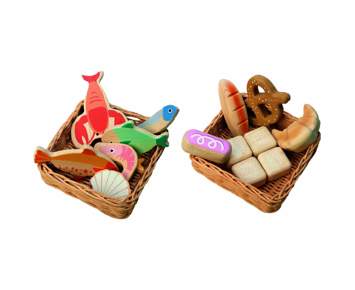 2pc Tender Leaf Toys Bread Basket & Seafood Basket Wooden Toys Set 3y+