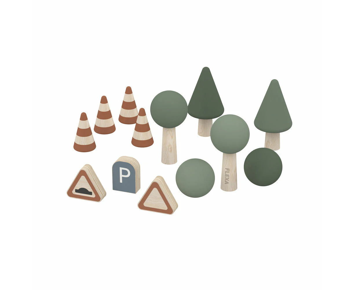 13pc Flexa Wooden Toy Accessories for Car Tracks Trees/Bushes/Signs 2y+