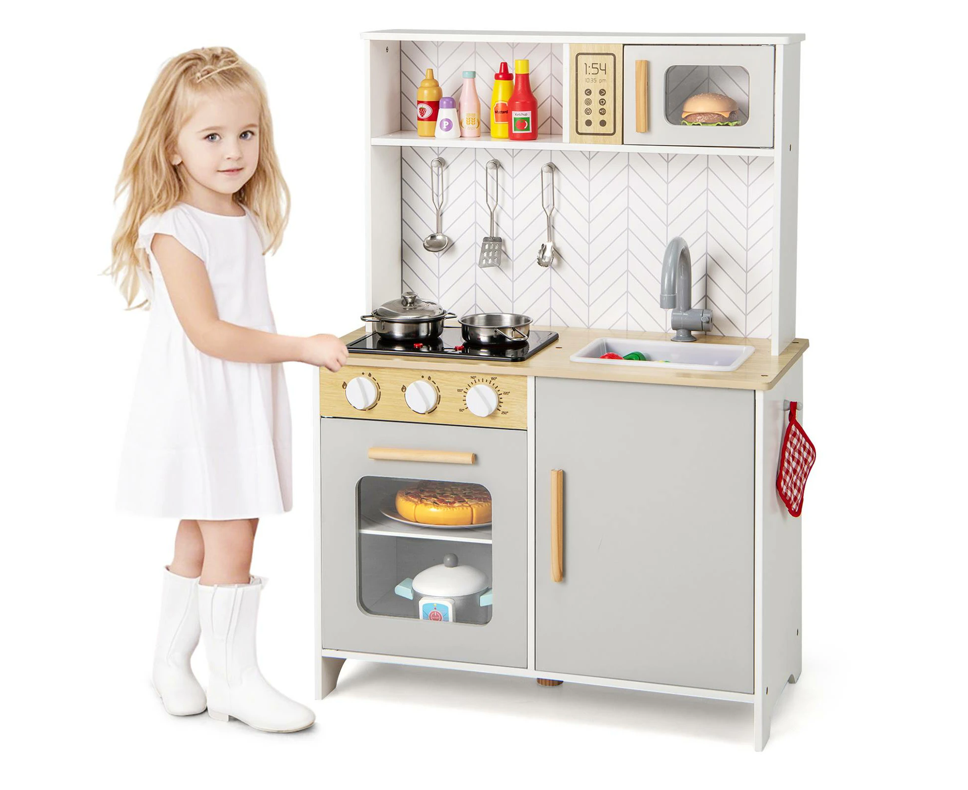 Kids Pretend Play Kitchen Wooden Kitchen Playset w/Lights & Sounds Chef Cooking Toy White