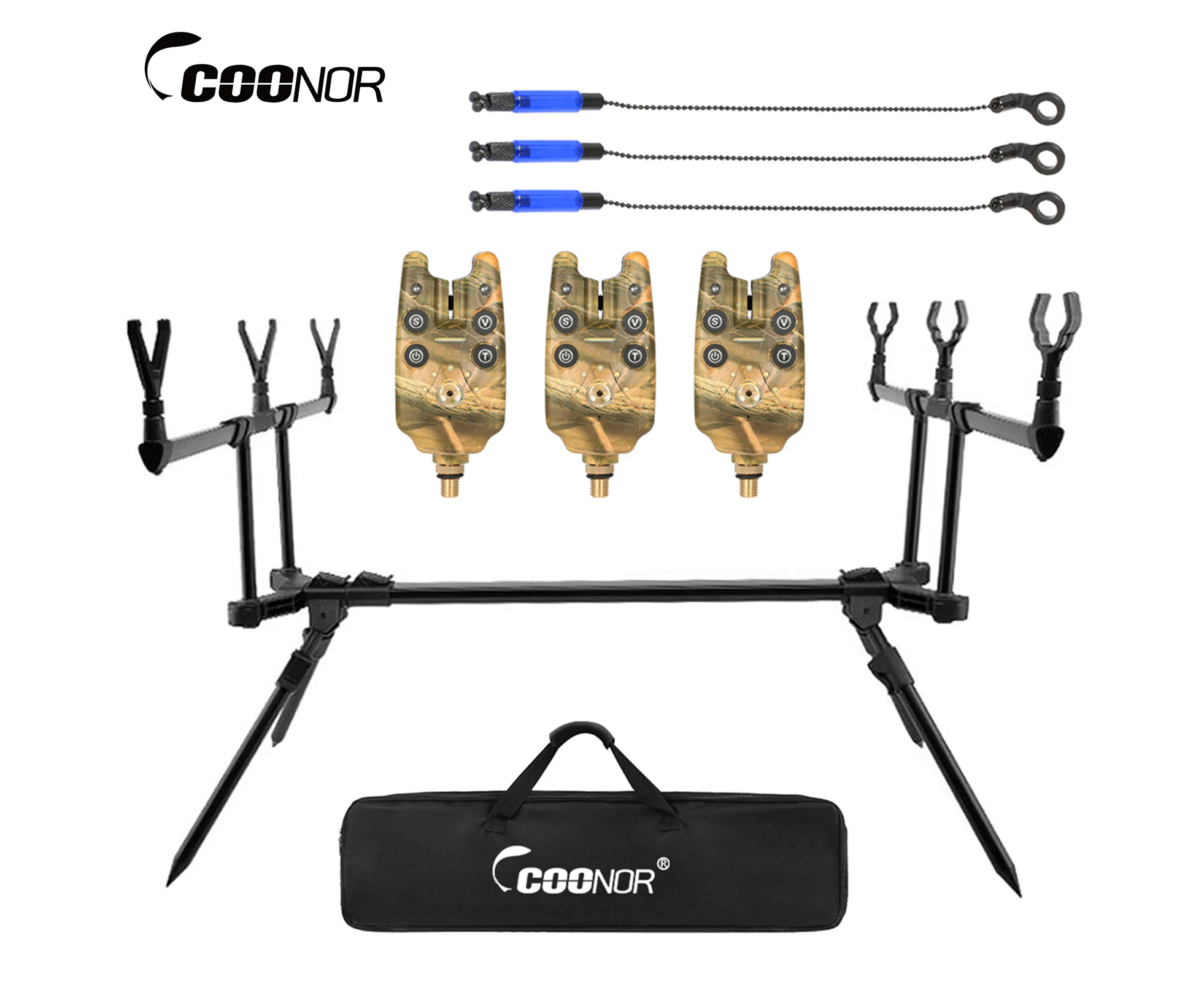 Adjustable Retractable Carp Fishing Rod Stand Holder Fishing Pole Pod Stand with 3 Fishing Bite Alarms 3 Fishing Bait Swinger Fishing Tackle Set Fishi