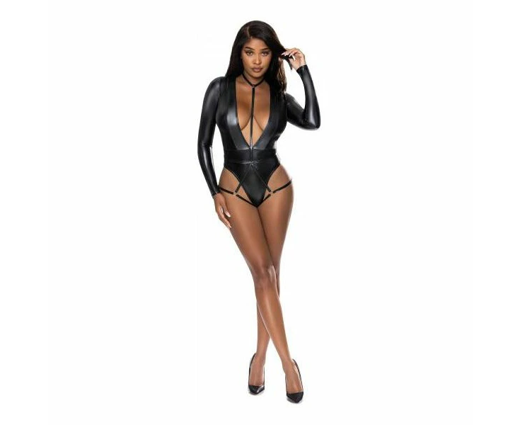 Magic Silk Liquid Onyx L/xl Women's Long Sleeve V Neck Teddy With Harness Caging Model 2023 Black