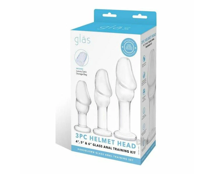 Introducing The Helmet Head Glass Anal Training Kit 3pc For Sensational Pleasure Exploration | Helmet Head Glass Butt Plug Set | Anal Training Kit Hr