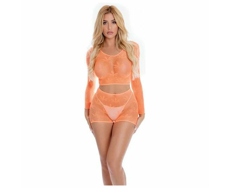 Pink Lipstick Leaf It To Me Long Sleeve Crop Top & Short Orange O S Sexy Women's Lingerie Set For Intimate Play Model #pl 7892 One Size Fits Most