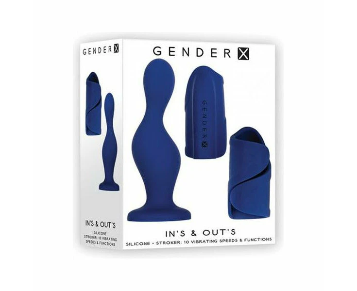 Introducing The Sensatoys Gender X In's & Out's Blue Silicone Dildo And Vibrating Stroker Combo