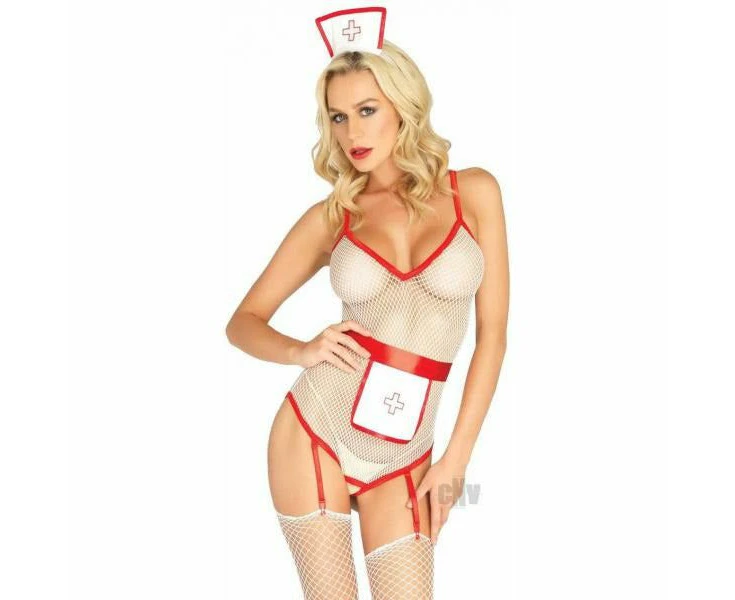 Lace & Lust Nurse Set 3pc White Seductive Crotchless Garter Teddy, Apron, And Headband Women's Lingerie Model Nl 2021 Intimate Playwear For Pleasurabl