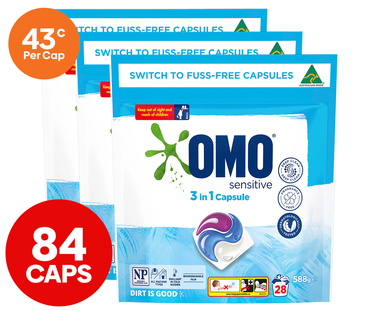 3 x OMO Sensitive 3-in-1 Capsules 28pk