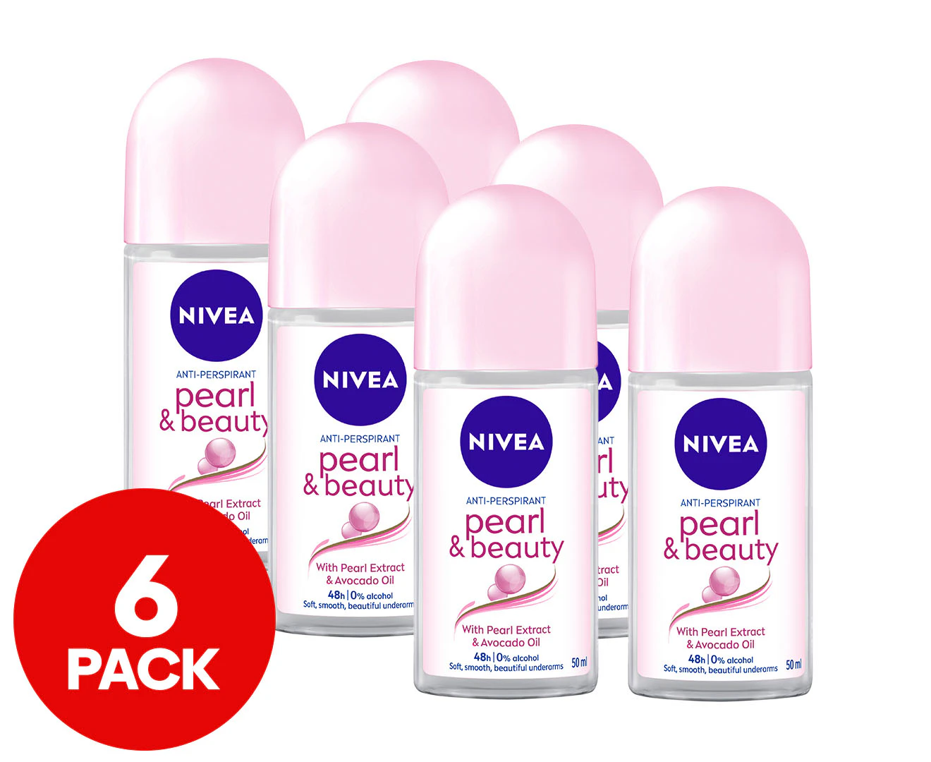 6 x Nivea Pearl & Beauty Anti-Perspirant Roll-On Deodorant 50mL