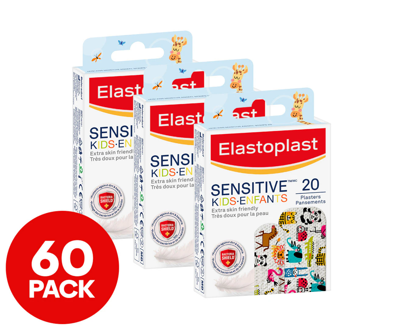 3 x 20pk Elastoplast Kids Sensitive Animal Strips