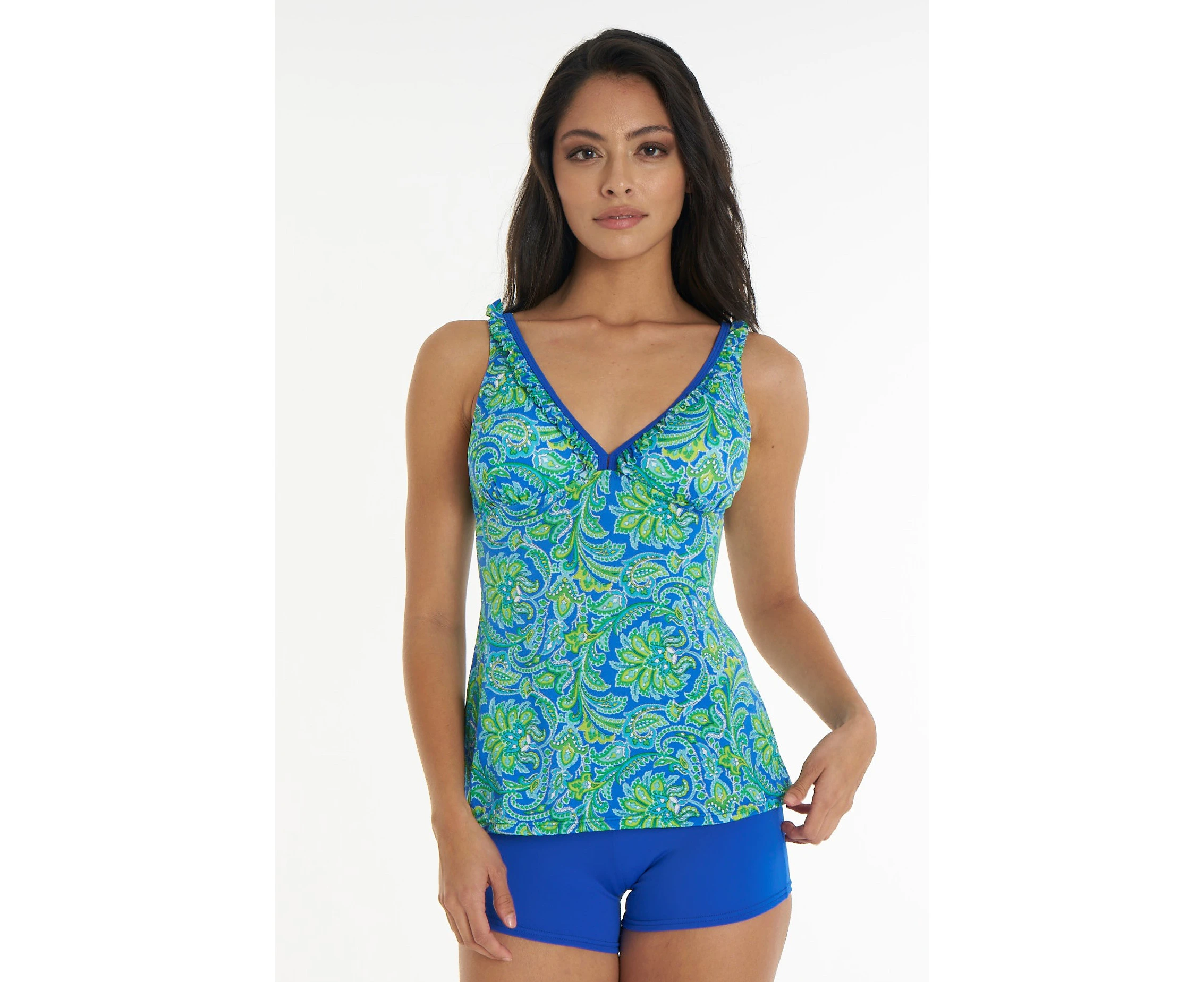 Aqua Perla Womens Beauty Ruffled V-Neckline Tankini Printed Spf50+