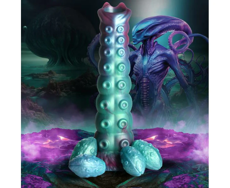 Ethereal Pleasures Silicone Alien Dildo Galactic Breeder X13 Unisex Internal Stimulation Iridescent Teal Red Blue