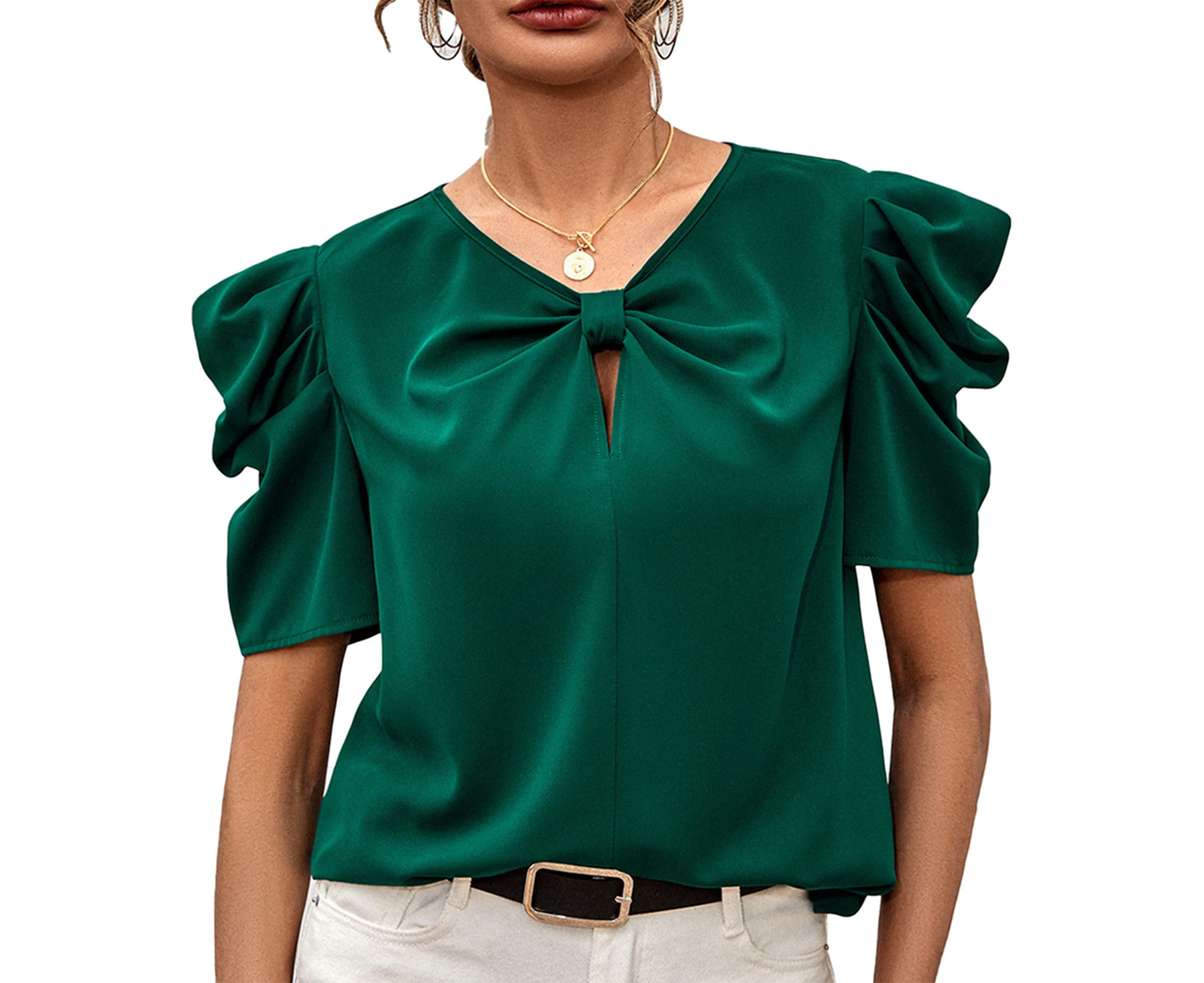 Short Puff Sleeve Top V Neck Big Bow Pure Color Fashionable Women'S Casual Top For Dating Dark Green Xl