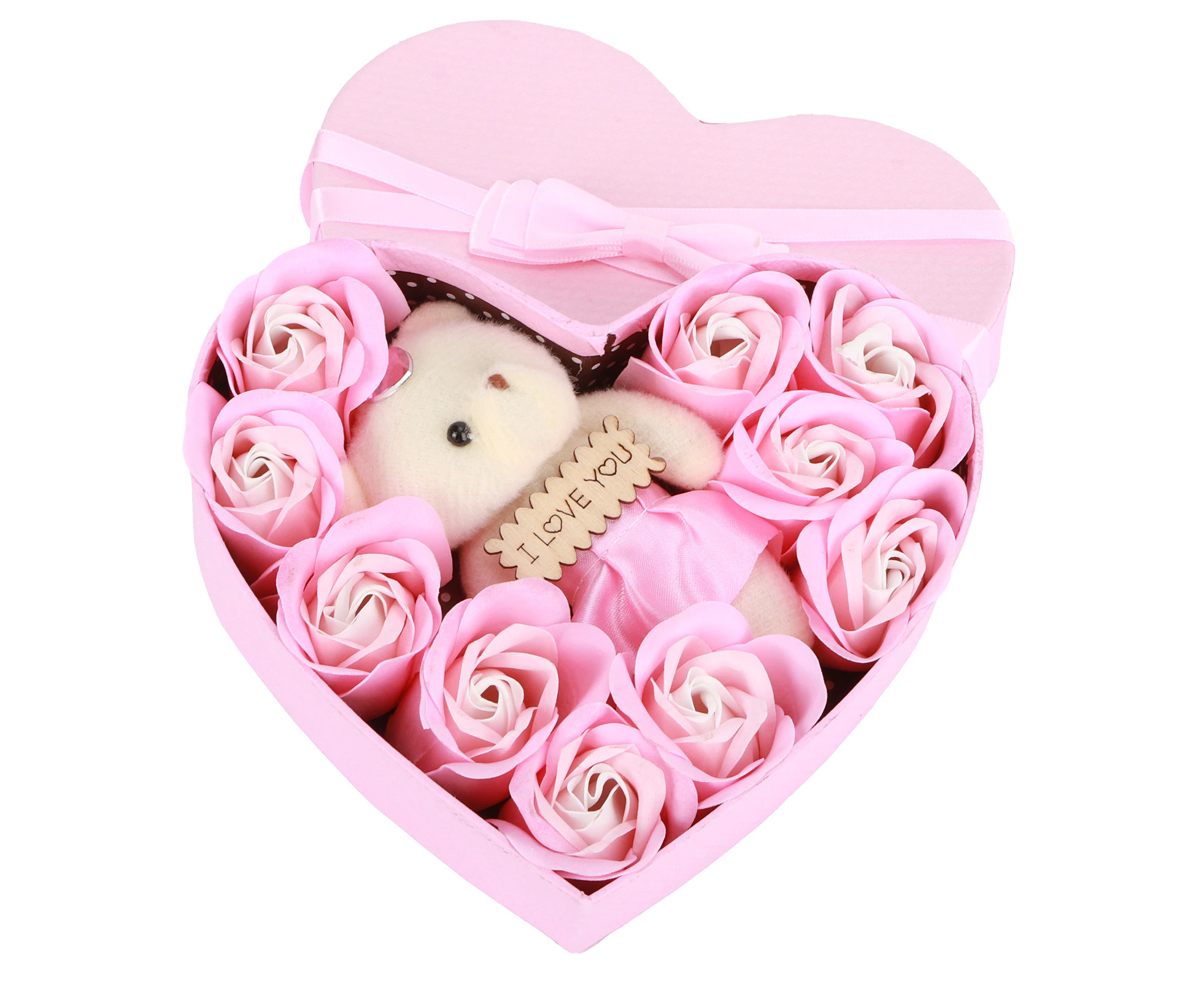 Artificial Rose Flower With Bears Gift Box Soap Flowers For Birthday Valentine'S Daymixed Pink