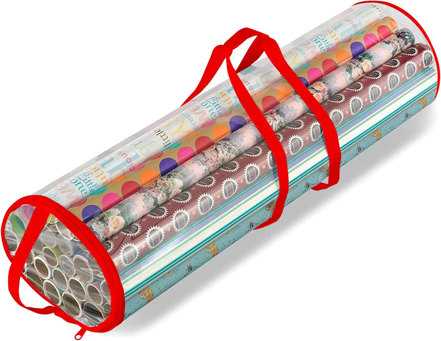 Red Cylindrical Storage Bag For Christmas Gift Wrapping, Christmas Wrapping Paper Organizer Stores Christmas Baubles, Garlands, Lights