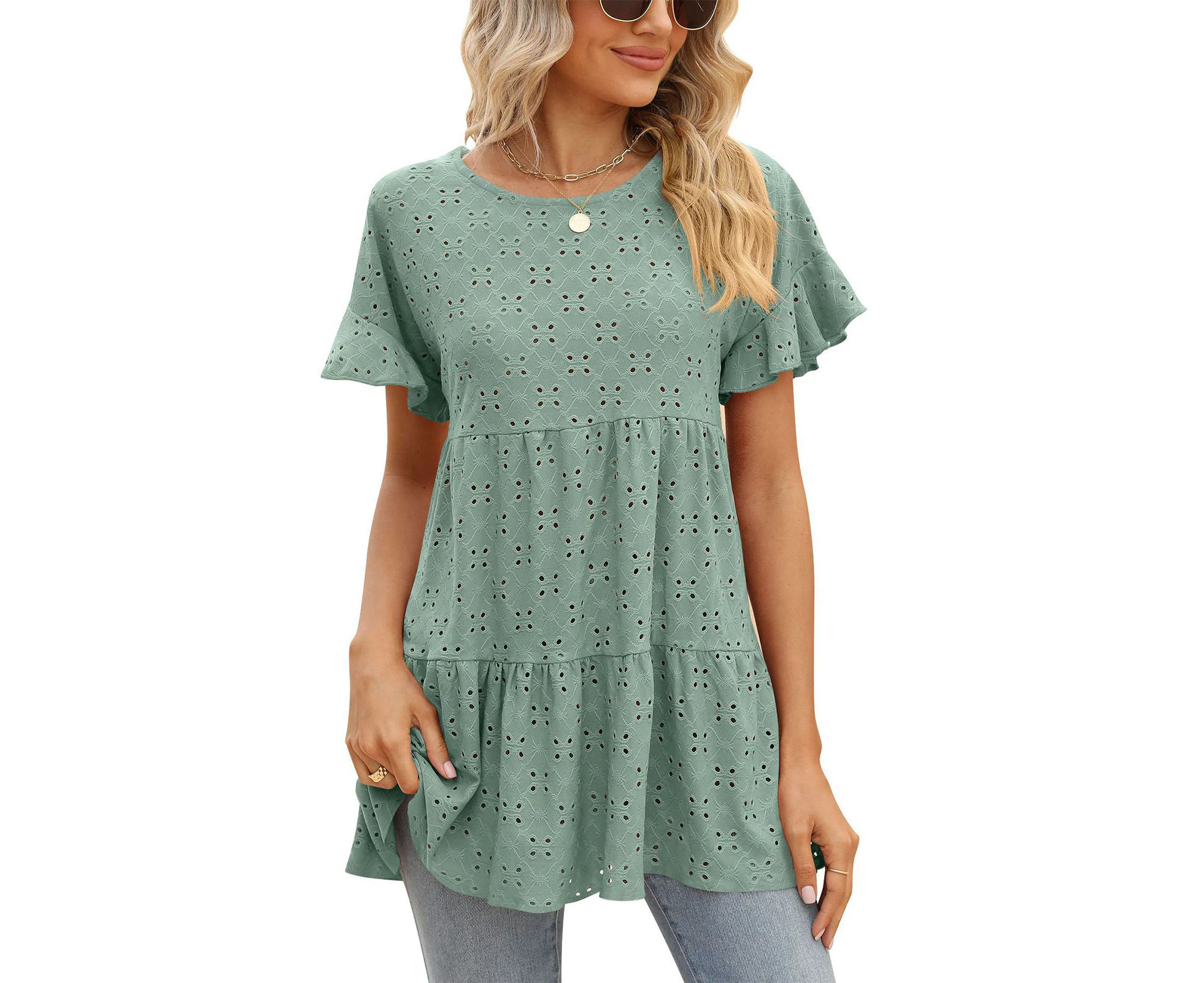 Women T Shirt Crew Neck Short Ruffle Sleeve Hollow Out Pure Color Loose Fitting Elegant Summer Pullover Top Green Xl