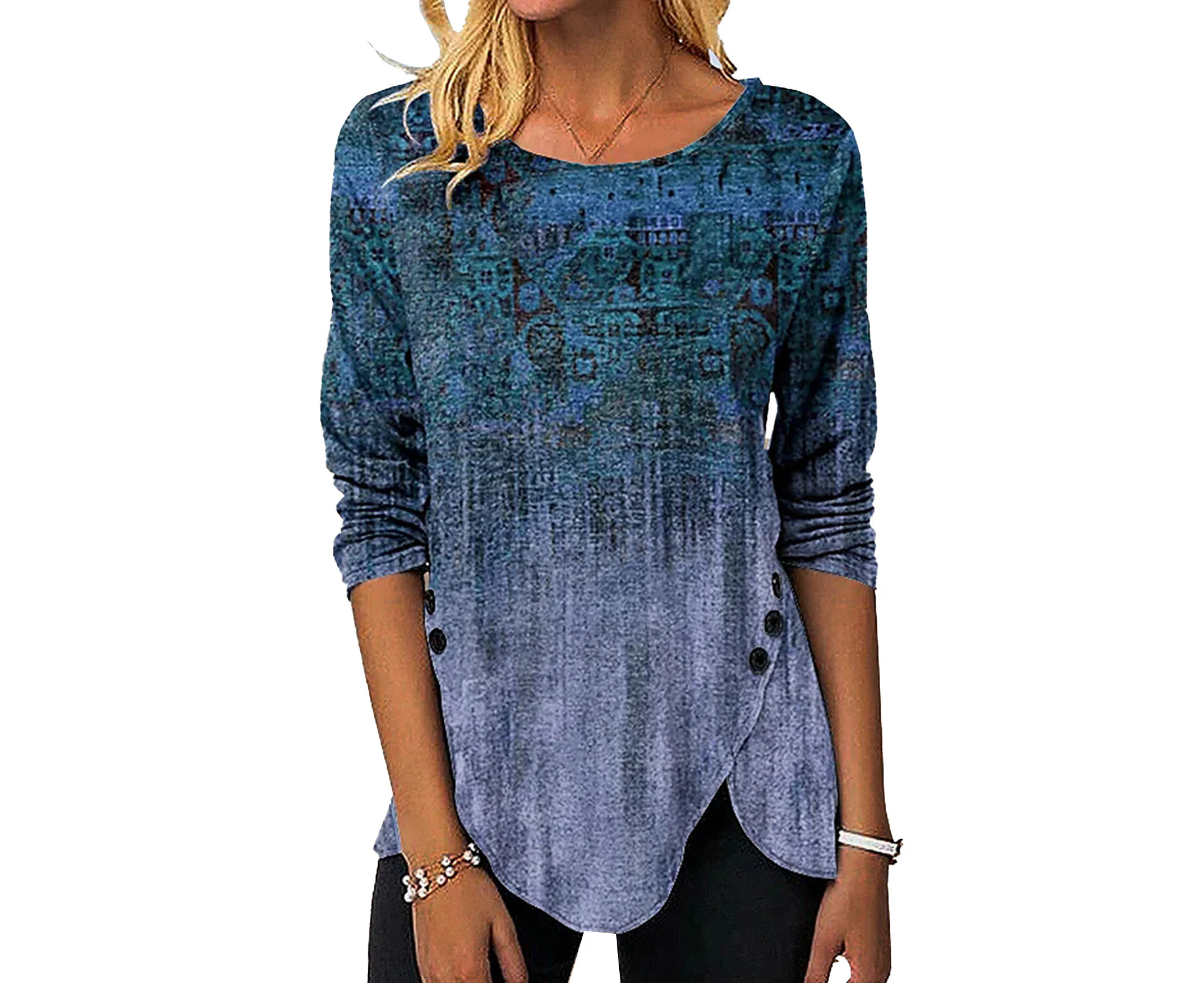 Women Long Sleeve T Shirt Buttoned Irregular Hem Crew Neck Gradient Color Casual Basic Top Blue Xxl