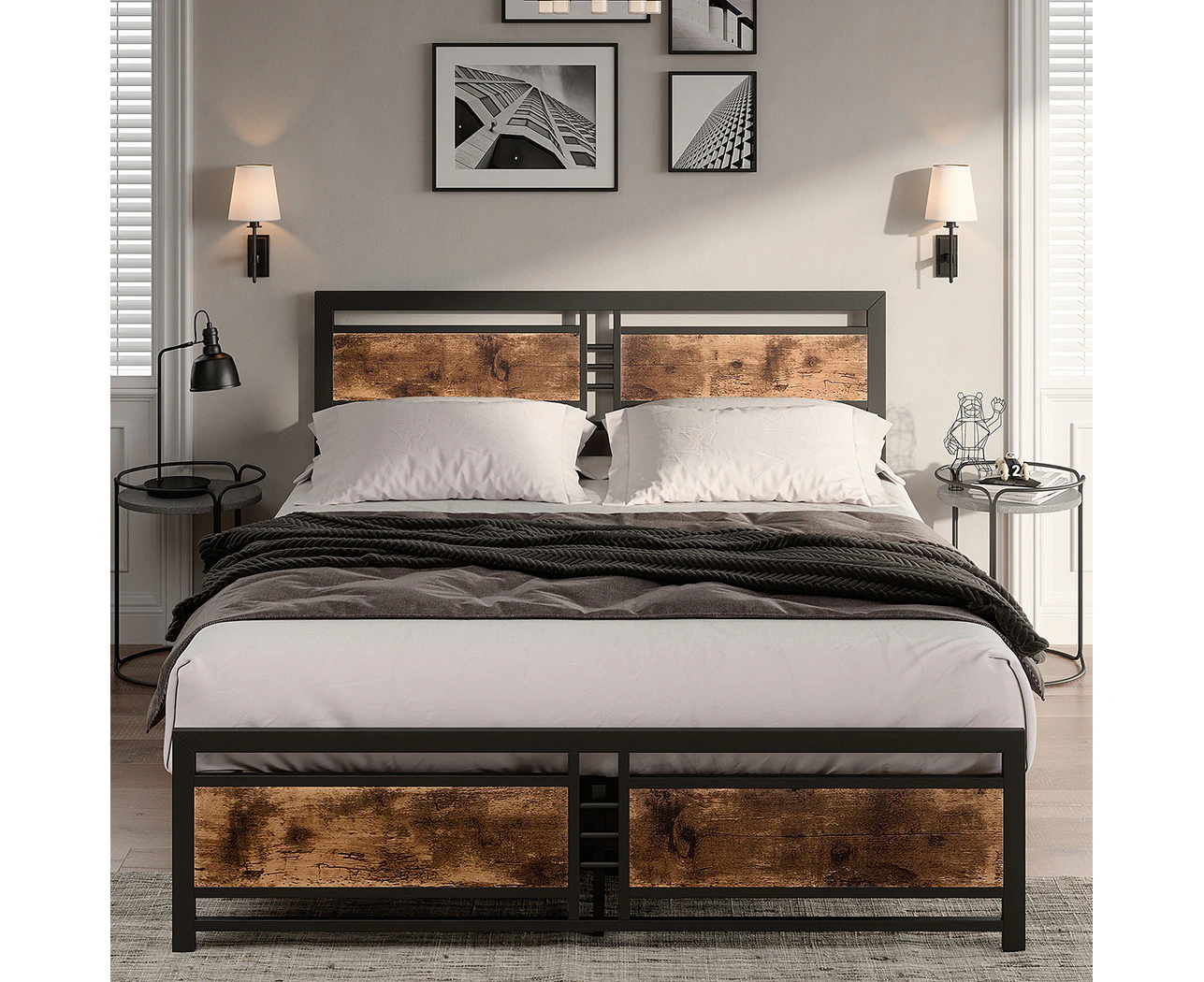 Levede Industrial Queen Bed Frame w/ Wooden Headboard