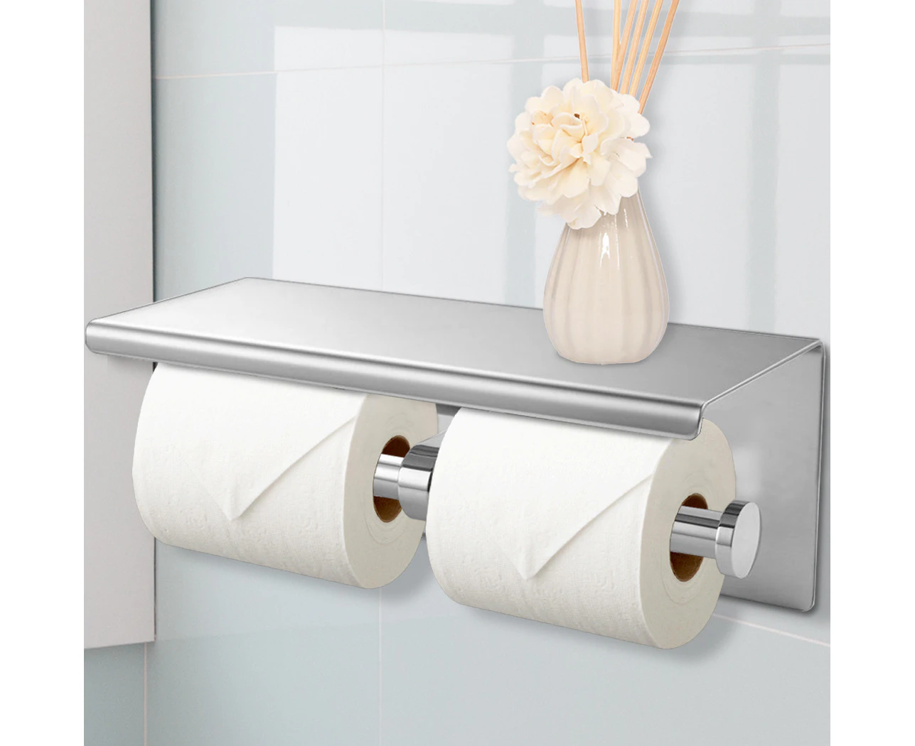 Toilet Paper Holder Double Roll Stainless Steel Hook Bathroom Rack Wall Silver