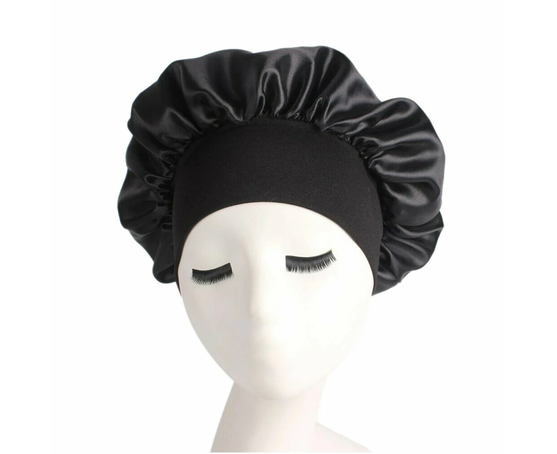 Sleeping Bonnet Hair Wrap Silk Satin Cap Women Elastic Night Soft Hat Headwear - Black