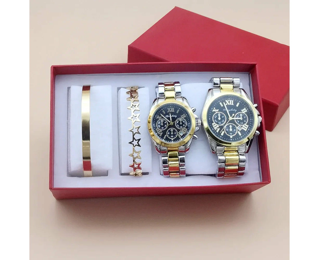 Mens & Womens 4Pcs Quartz Steel Couple Watch Set With Bracelet & Necklace