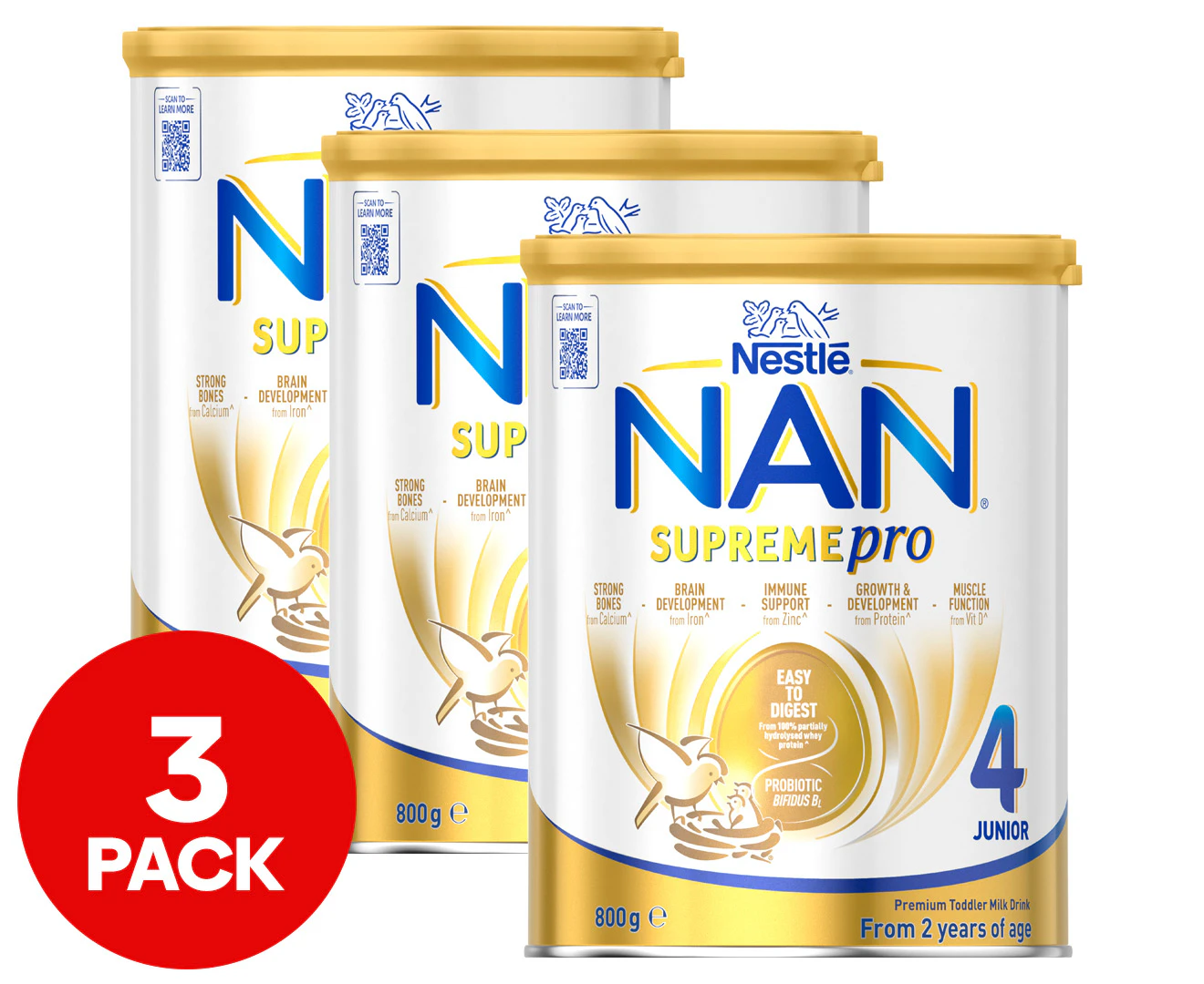 3 x Nestlé NAN SUPREMEpro 4 Premium Toddler 2+ Years Milk Drink Powder 800g