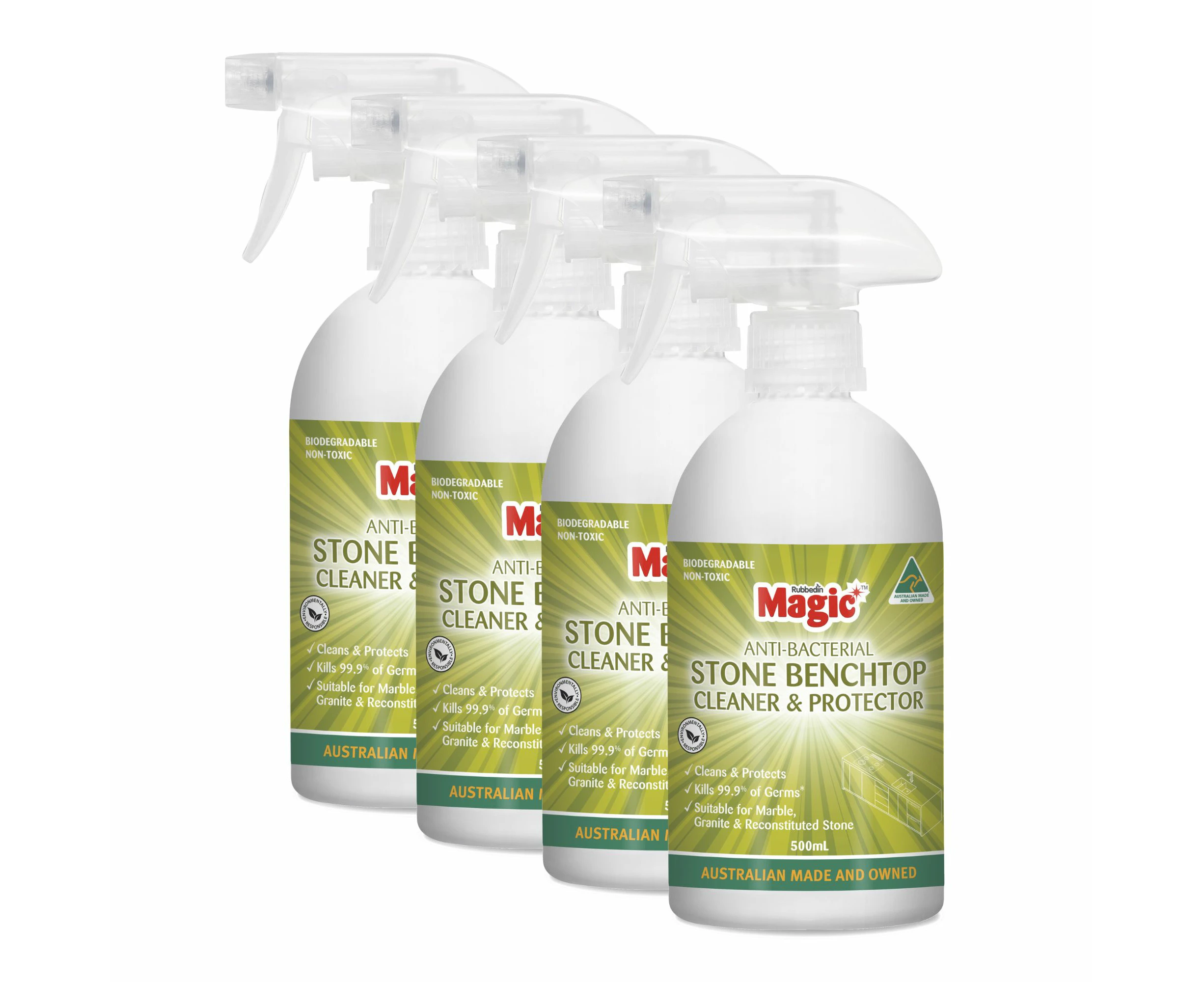 4 x Magic Stone Benchtop Anti-Bacterial Cleaner & Protector Cleans and Restores Shine to Enhance the Natural Beauty of Sealed Stone 500mL