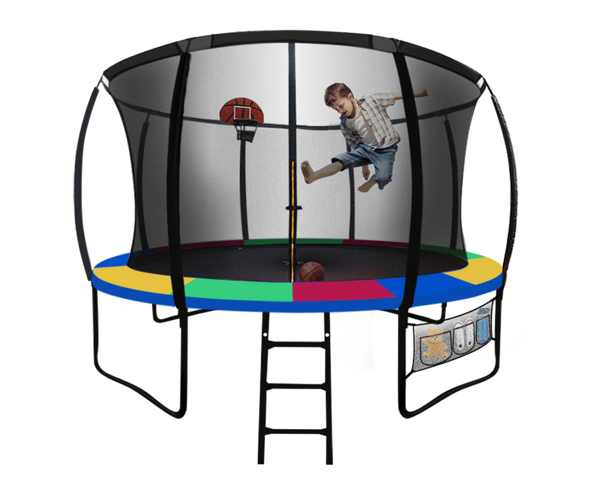 UP-SHOT 14ft Round Kids Trampoline Curved Pole Basketball Set Black Multi-colour