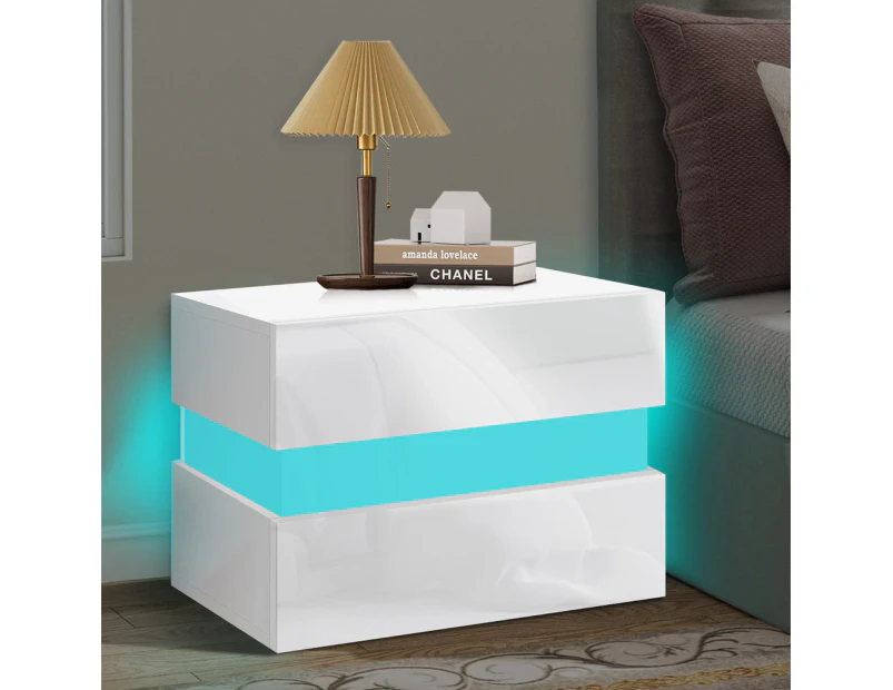 ALFORDSON Bedside Table RGB LED 2 Drawers White